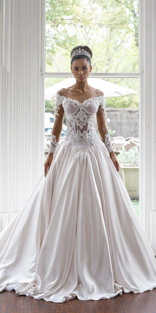 illusion long sleeve wedding dresses ball gown off the shoulder lace train nektaria