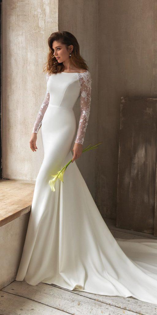 illusion long sleeve wedding dresses modest off the shoulder with train pronovias