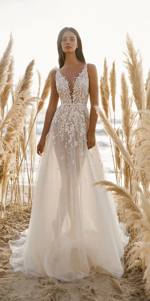 lace boho wedding dresses a line floral appliques rustic lee grebenau