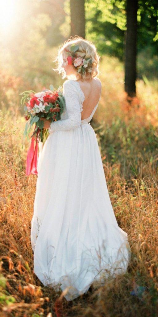 lace boho wedding dresses a line low back with long sleeves cathy telle