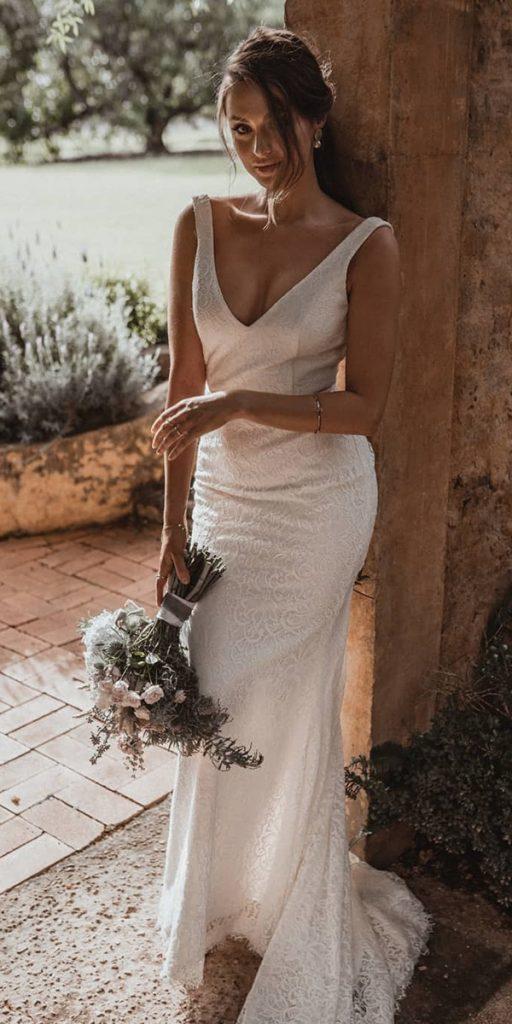 lace boho wedding dresses sheath v neckline rusitc kw bridal