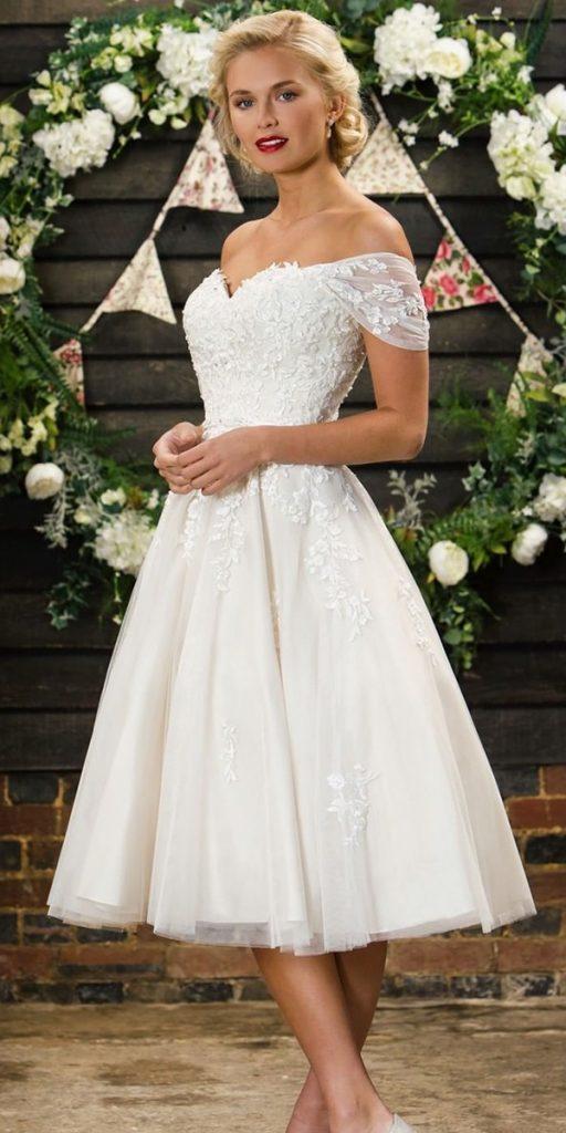 laceshort wedding dresses off the shoulder strapless neckline truebride