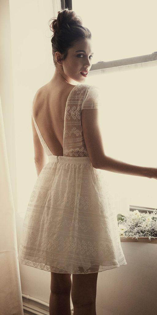 lace short wedding dresses with cap sleeves v back rustic laure de sazan