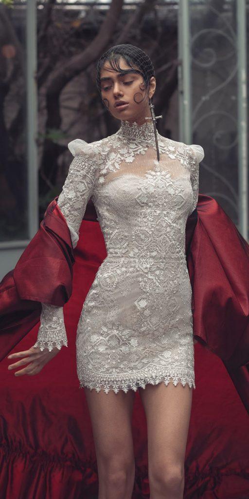 lace short wedding dresses with long sleeves high neck vintage kimkassascouture