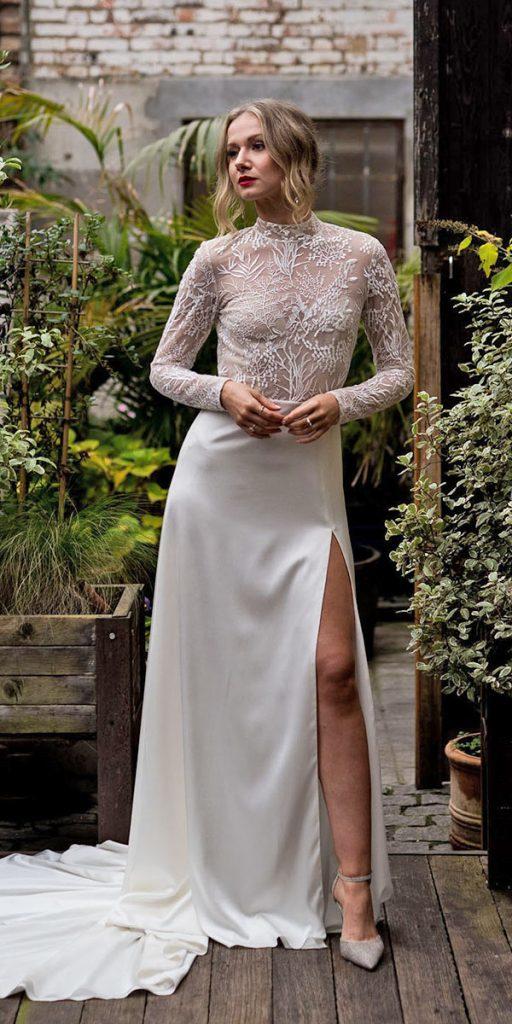 lace wedding dresses with sleeves sheath floral top with slit country vagabond