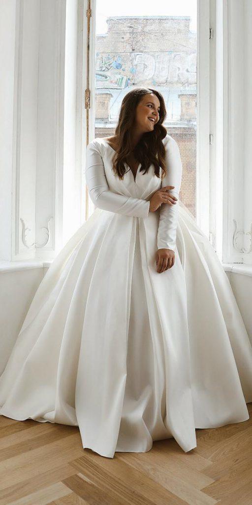 plus size wedding dresses ball gown with long sleeves simple v neckline olivia bottega