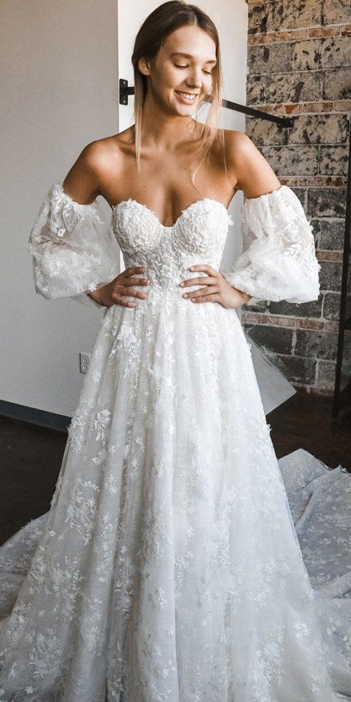 summer wedding dresses a line sweetheart neckline with puff sleeves lace boho martinaliana