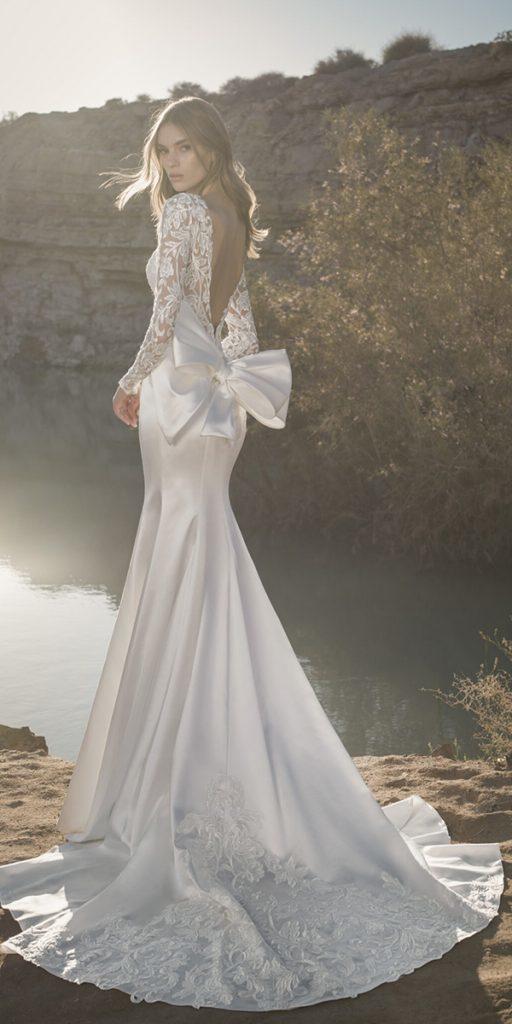 trumpet wedding dresses v back with illusion long sleeves with bows train pnina tornai