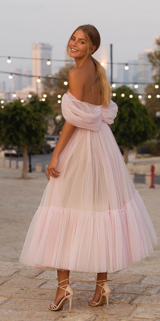beach wedding dresses tea length strapless off the shoulder blush simple berta