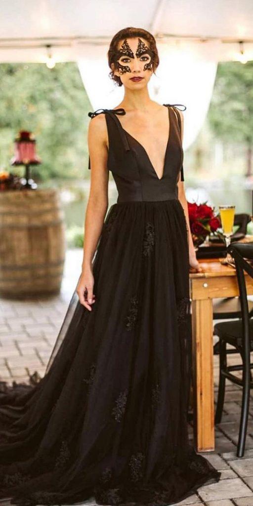 gothic wedding dresses a line deep v neckline black frenchknotcouture