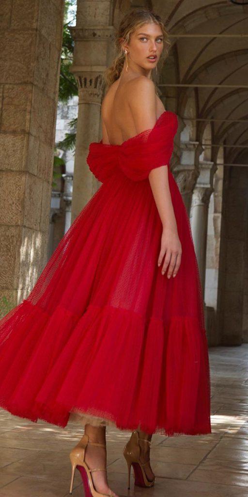 gothic wedding dresses tea length off the shoulder strapless red berta