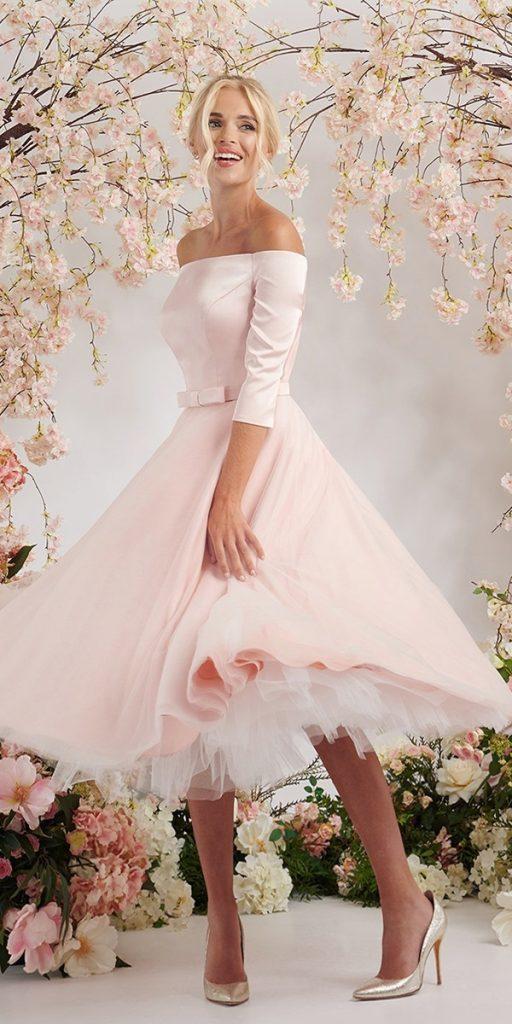 knee length wedding dresses simple with sleeves off the shoulder blush mooshki