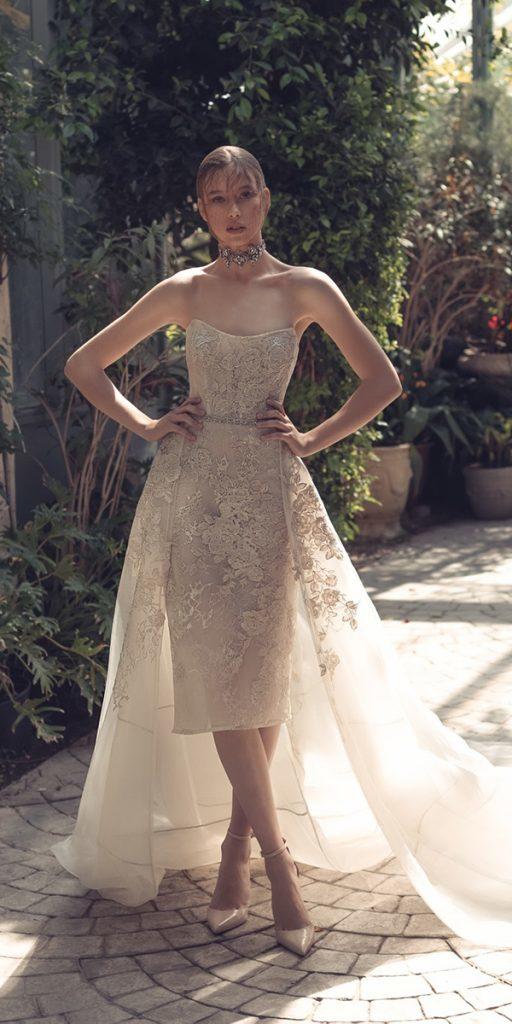 knee length wedding dresses strapless neckline lace with overskirt kimkassascouture
