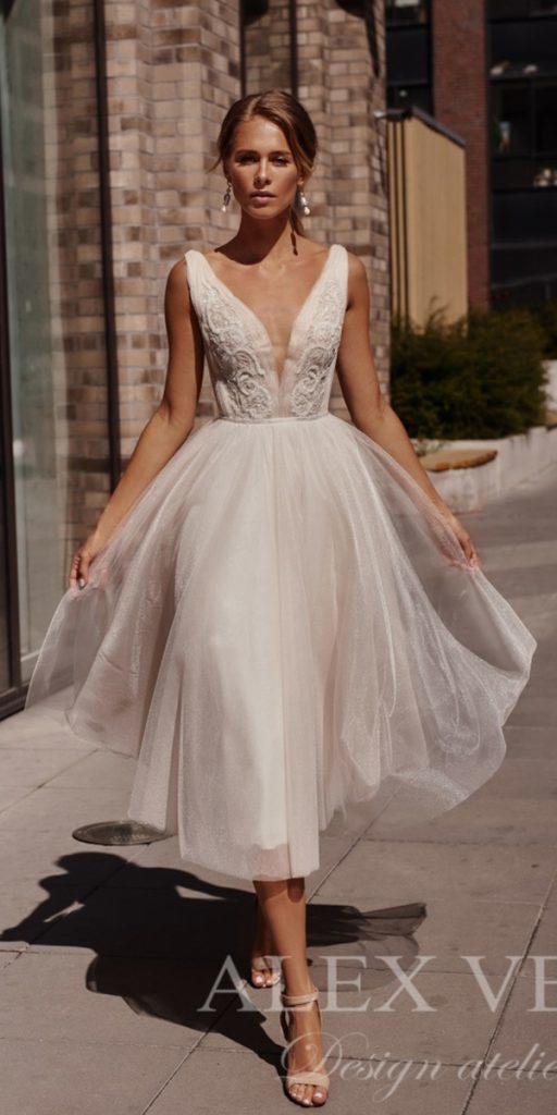 knee length wedding dresses v neckline beach romantic alex veil