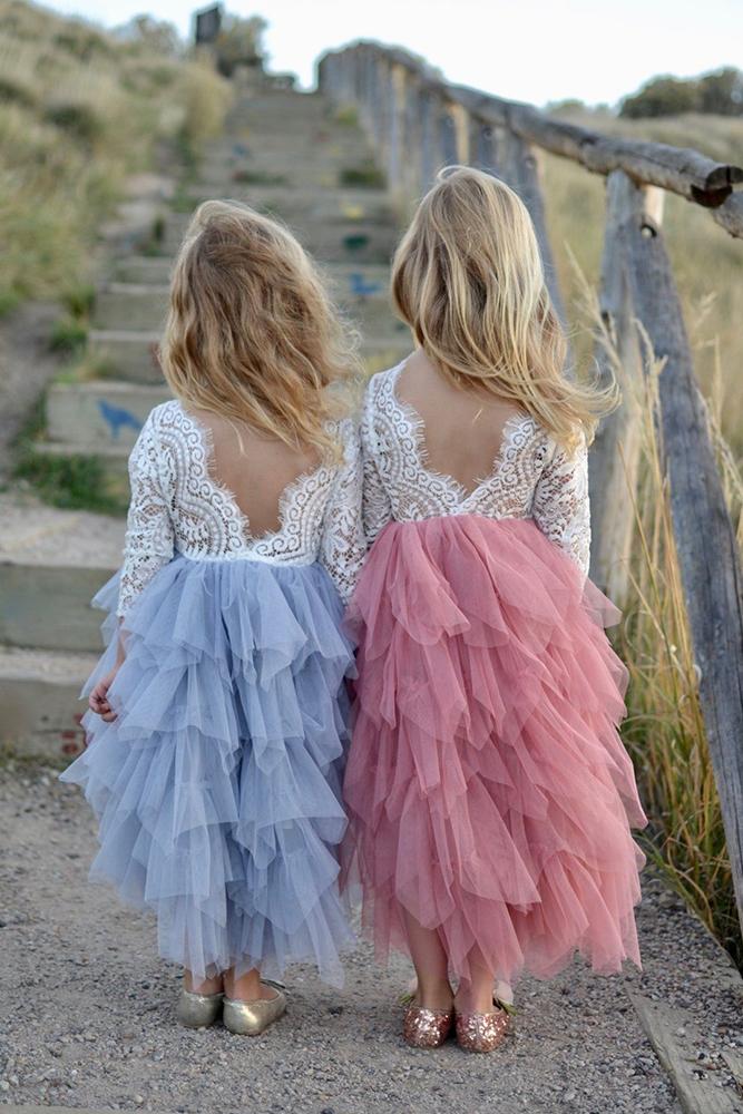 lace flower girl dresses lace top with sleeves v back ruffled skirt arabella and rose