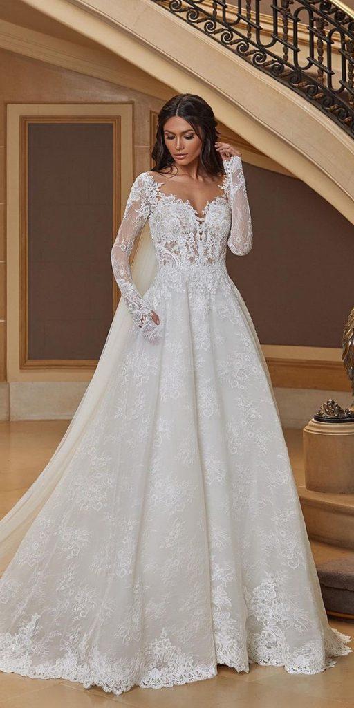 long sleeve wedding dresses a line lace v neckline romantic pronovias