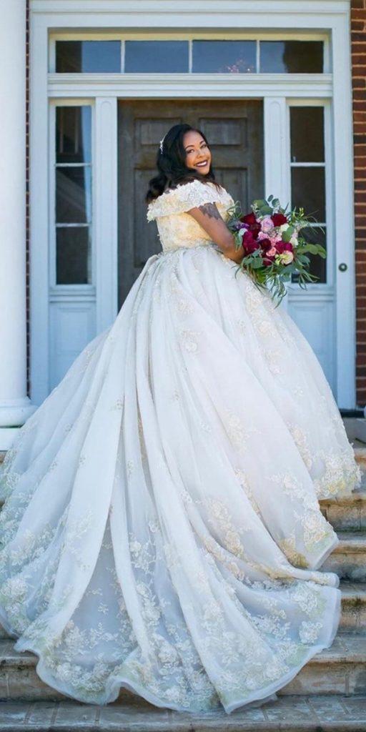 plus-size ball gowns wedding dresses off the shoulder lace country with train demetrios