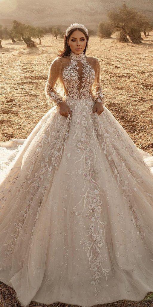 princess wedding dresses with illusion long sleeves floral saidmhamad