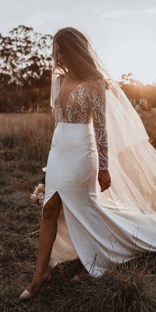 rustic wedding dresses with sleeves sheath plunging neckline with slit nathan lapham