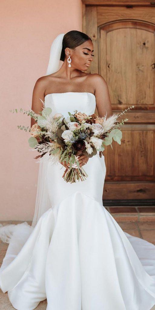 satin mermaid wedding dresses simple strapless neckline with train beach pronovias