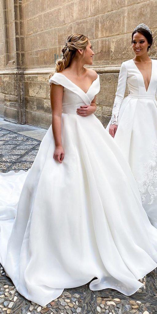 simple wedding dresses ball gown off the shoulder sweetheart neckline pronovias