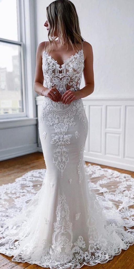 sweetheart mermaid wedding dresses with spaghetti straps lace with train enzoani