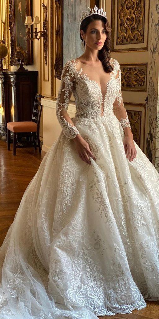 vintage wedding dresses with sleeves ball gown with illusion neckline lace edenluxebridal