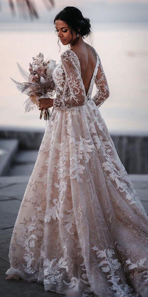  wedding dresses with lace /sleeves a line with long v back bohemian millanova