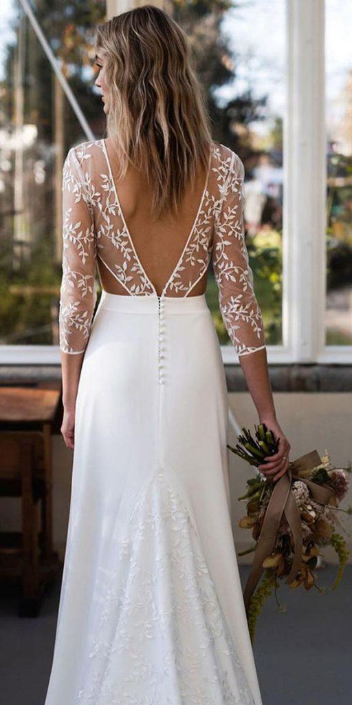 bridal gowns with sleeves sheath with iilusion sleeves v back boho harpeparis