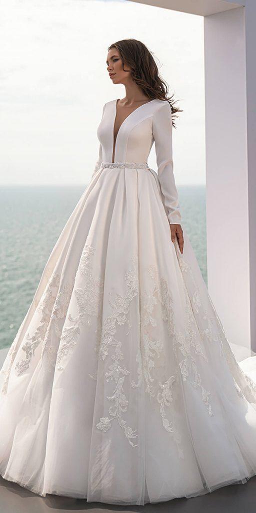 bridal gowns with sleeves simple princess sexy deep v neckline perfioni