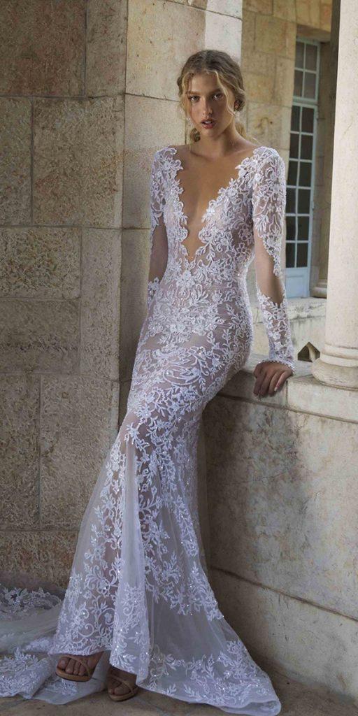 illusion long sleeve wedding dresses mermaid sexy deep v neckline lace berta