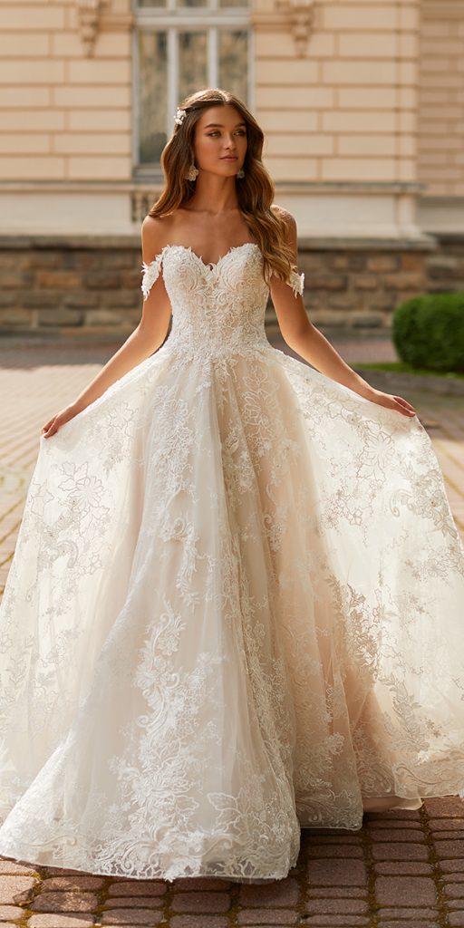 lace bridal gowns a line sweetheart neckline off the shoulder val stefani