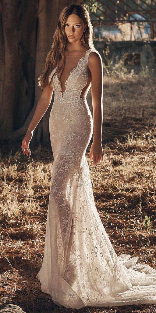 lace bridal gowns sheath bohemian rustic v neckline galialahav