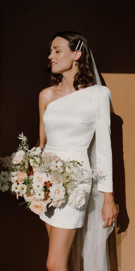 short wedding dresses simple with one sleeves assymetric neckline alexmari