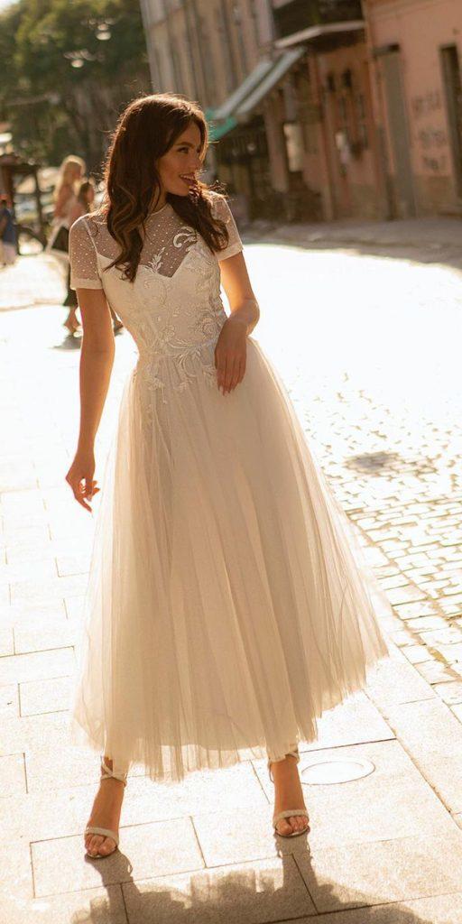 Cap sleeve tea hot sale length wedding dress