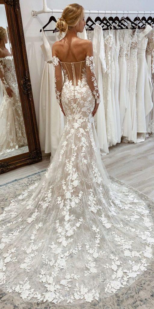 trumpet wedding dresses off the shoulder with illusion long sleeves train lace enzoani