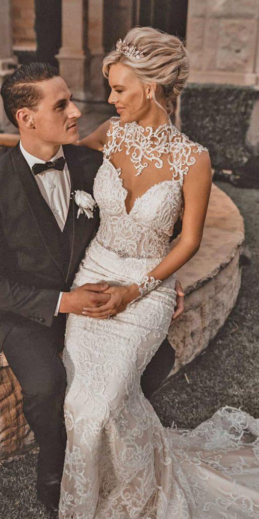 unique lace wedding dresses high neck tattoo illusion neckline nathan lapham