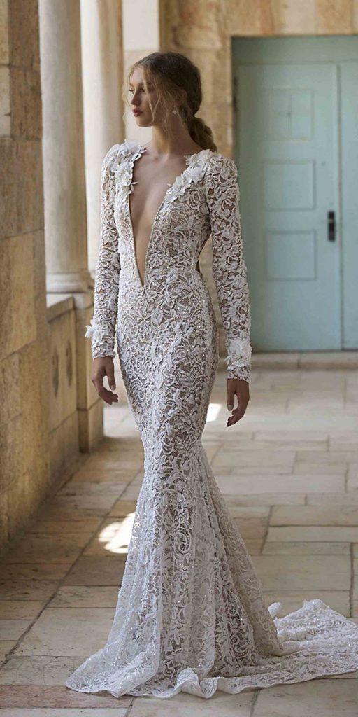 unique lace wedding dresses trumpet sexy deep v neckline with long sleeves berta