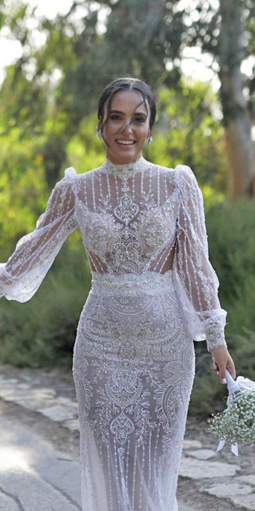 vintage lace wedding dresses with sleeves high neck country lior charchy