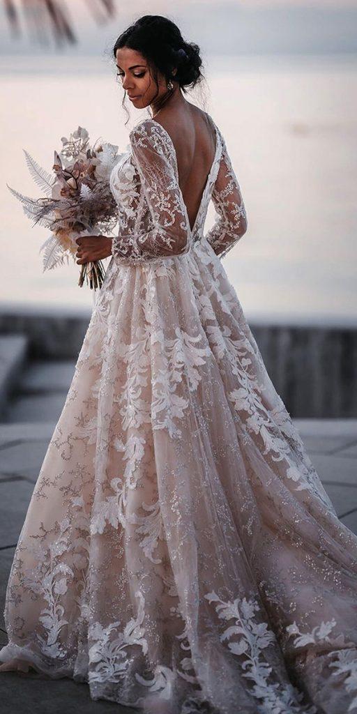 a line wedding dresses a line v back with long sleeves lace millanova