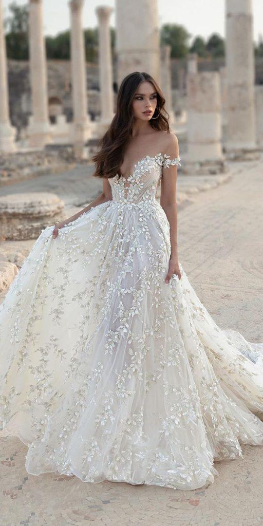  a line wedding dresses off the shoulder floral appliques julievino