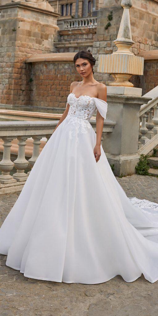 a line wedding dresses off the shoulder strapless neckline pronovias