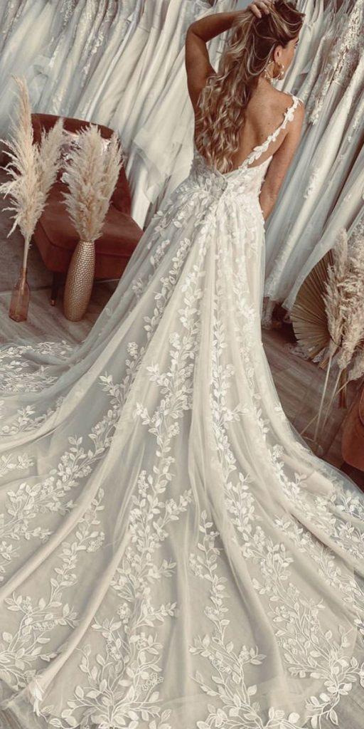 a line wedding dresses open back with spaghetti straps floral appliques morilee