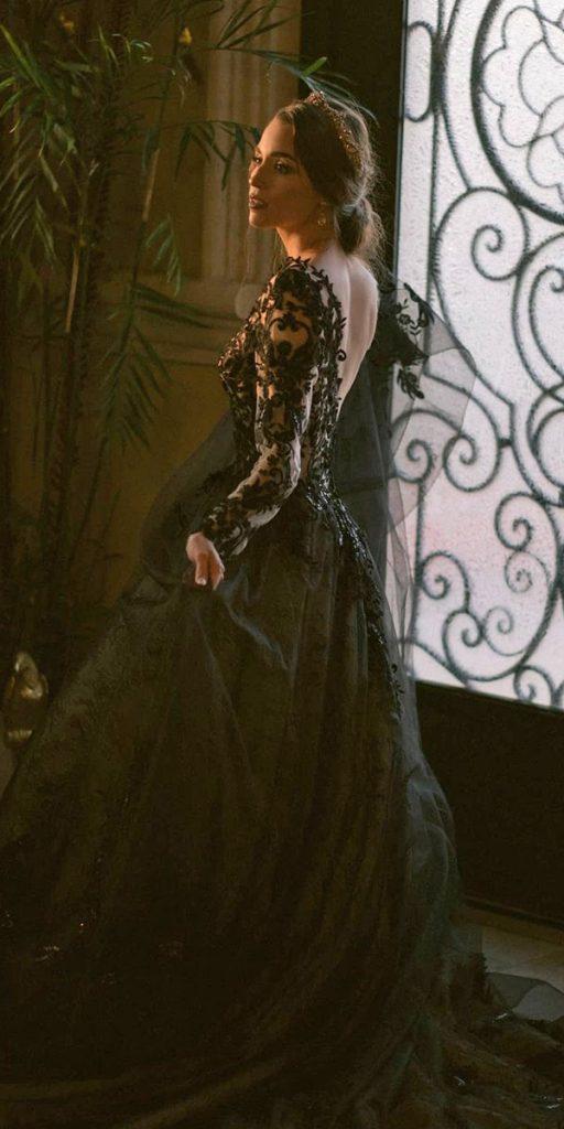 black wedding dresses a line v back with illusion long sleeves lace maggiesotterodesigns