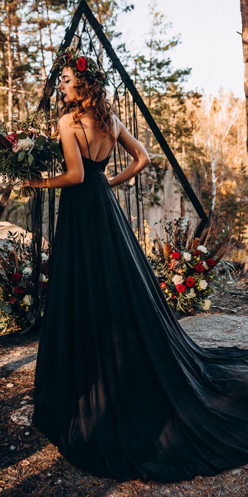 black wedding dresses simple a line with spaghetti straps low back stylish bride
