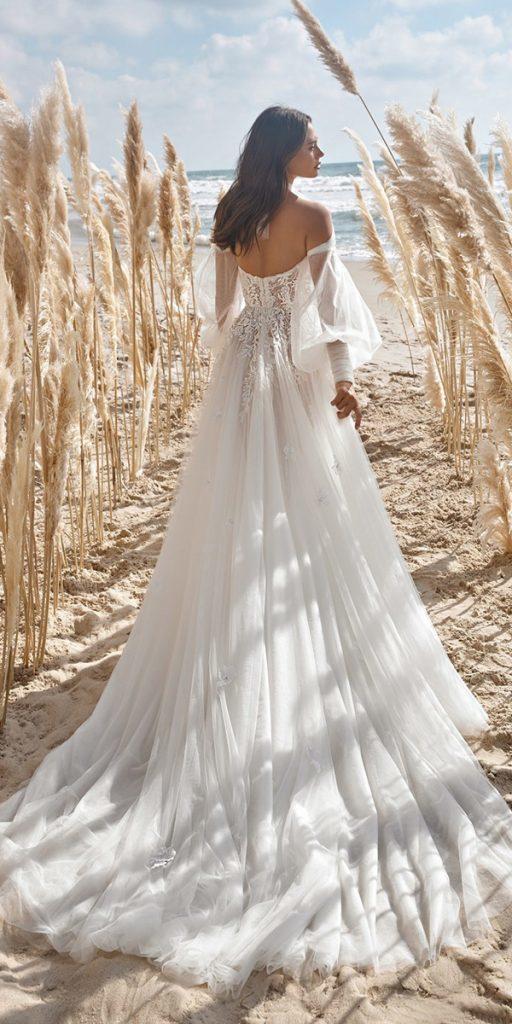 bohemian wedding dresses a line off the shoulder with sleeves train leegrebenau