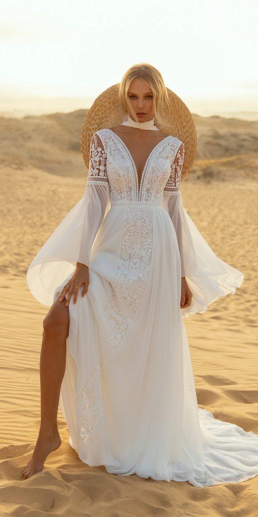 bohemian wedding dresses a line with long sleeves deep v neckline luce sposa