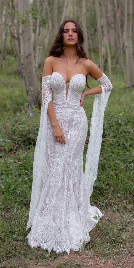 bohemian wedding dresses sheath sweetheart strapless neckline lace allure