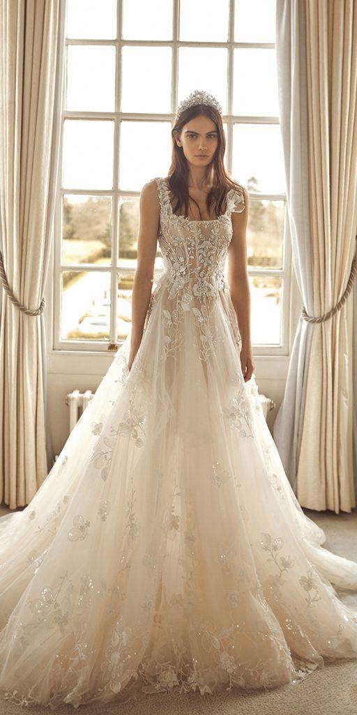 dream wedding dresses a line square neckline floral appliques galia lahav