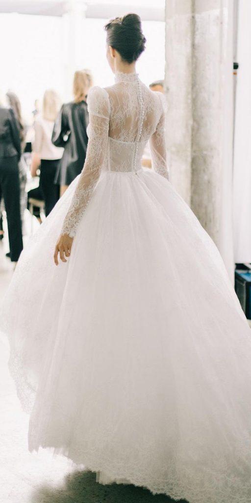 lace ball gown wedding dresses high neck with long sleeves pninatornai